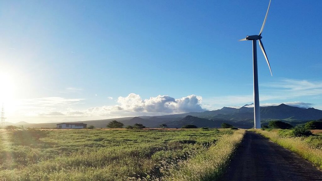 Sunny scenery in Cape Verde, one windmill on a field