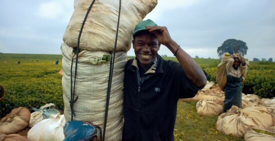 Person carrying sacks on the field in Africa and smiling at the camera